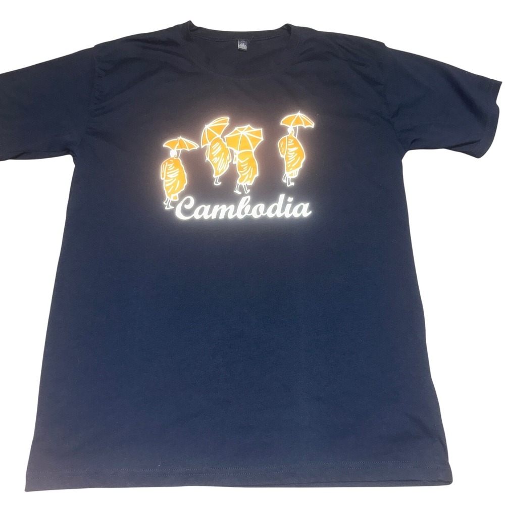 Mens Cambodia Monks Graphic Shirt Large Regular Navy Blue Souvenir Travel Tee